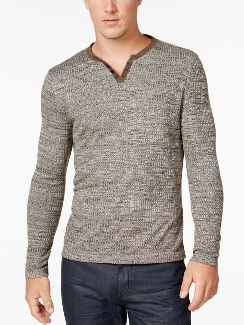 New! Alfani Men's V-Neck Textured Sweatshirt in Gray with Brown Trim size Medium